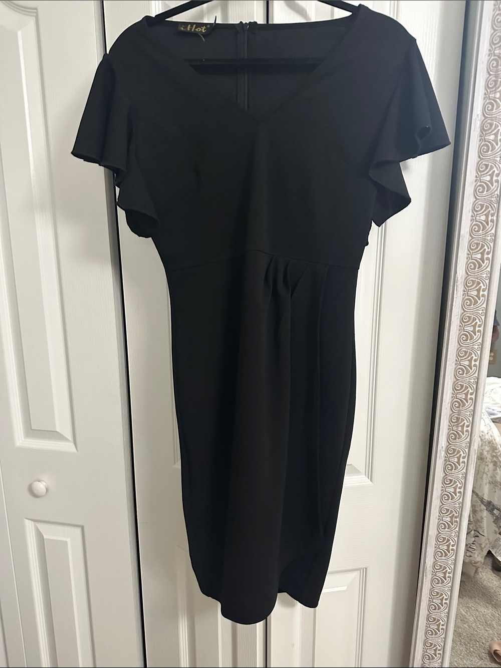 Classic Black V-Neck Midi Dress with Flutter Sleeves